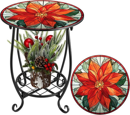 Outdoor Side Table Round Small Mosaic Patio Accent Indoor End Plant Coffee Tea Table for Yard Patio Porch Garden Living Room, Bedroom(Poinsettia,14 Inch)
