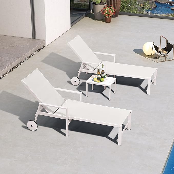 PURPLE LEAF Lounge Chair Outdoor Set 2 Pieces White Aluminum Chaise Lounge with Armrest and Wheels for Pool Deck Patio, Ivory