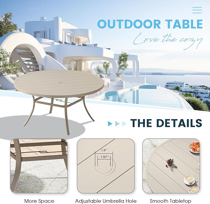 Patio Dining Table for 8-10, Round Metal Outdoor Table with 1.57" Umbrella Hole, 60" Outdoor Slat Tabletop Dining Table for Backyard, Porch, Lawn, Sand