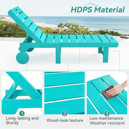 Outdoor Chaise Lounge Chairs Set of 4, 26.8” Super Wide Lounge Chair Outdoor, HDPS Pool Chairs with 5 Positions, Patio Lounge Chair with Wheels for Pool,Lawn,Backyard, Aruba Blue