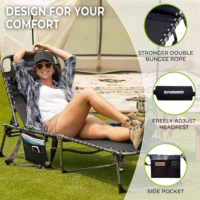 FUNDANGO Chaise Lounge Chair Outdoor, 5-Position Folding Tanning Chair with Detachable Side Table & Pillow - Photo 5