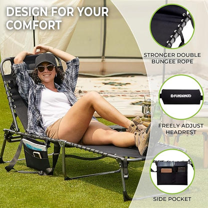 FUNDANGO Chaise Lounge Chair Outdoor, 5-Position Folding Tanning Chair with Detachable Side Table & Pillow, 180° Lay Flat Portable Beach, Heavy Duty U-Frame for Patio, Pool, Lawn, 265lbs (Black)