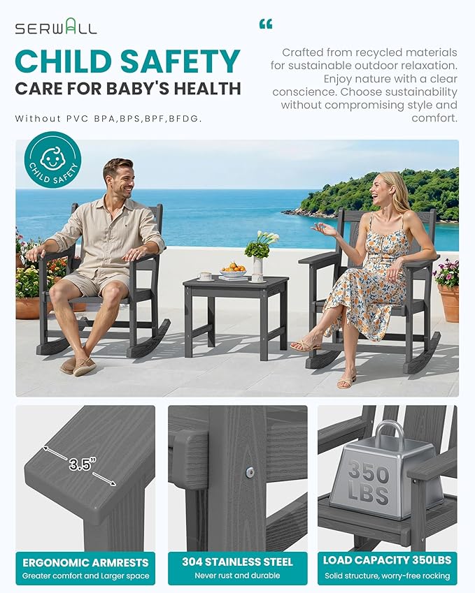 SERWALL HDPE Outdoor Rocking Chairs Set of 6, All Weather 4 Porch Rockers with 2 Side Tables - Photo 3