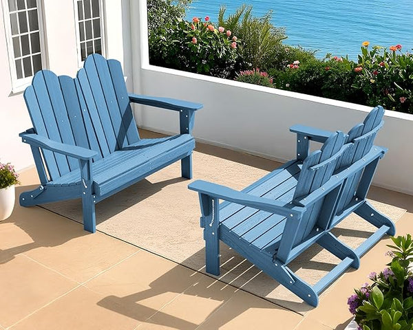 SERWALL Folding Adirondack Bench, HDPE All-Weather Adirondack Loveseat Set of 2, Navy - Photo 1
