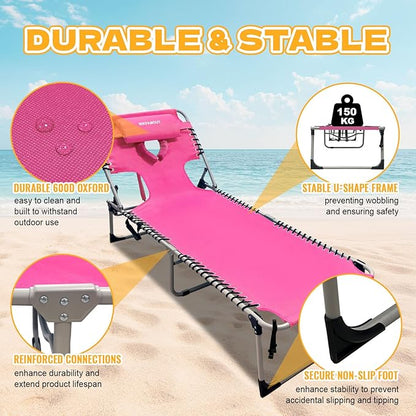 Backpack Sun Tanning Chair with Face Hole & Beach Table, 5-Position Adjustable Folding Lounge Chair Outdoor for Lawn Patio Garden