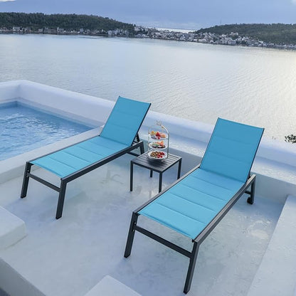 PURPLE LEAF Outdoor Lounge Chairs Aluminum Chaise Lounge Set of 2 Patio Chaise Lounge Chairs with Wheels and Side Table for Poolside Backyard Outside Turquoise Blue