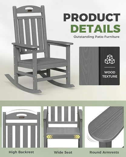 Oversized Rocking Chair Outdoor, High Back Porch Rocker Chair, HDPE All Weather Resistant Rocking Chairs for Patio, 380lbs Weight Capacity, Grey