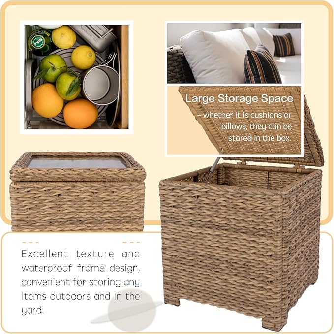 Laguna Point Outdoor Wicker Side Table, All-Weather HDPE Rattan Flip Top Storage Table with Tempered Glass, Patio Center Table for Pool Balcony, Tan
