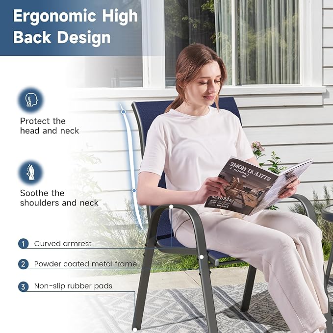 Amopatio Patio Chairs Set of 4, Outdoor Stackable Dining Chairs for All Weather, Comfortable Breathable Garden Outdoor Furniture for Backyard Deck, Blue