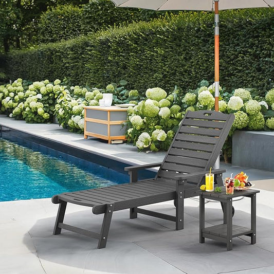 LUE BONA Lounge Chair Outdoor, HDPS Chaise Lounge Outdoor with Wheels, 5 Positions Adjustable Pool Lounger Chairs for Outside, Patio, Dark Gray