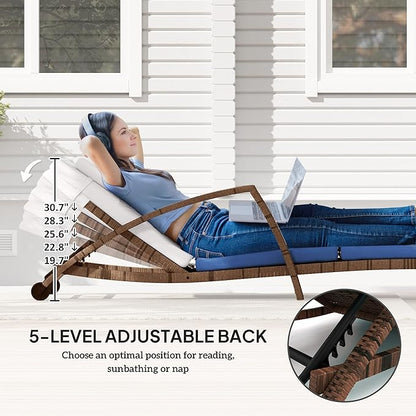 Outsunny Wicker Chaise Lounge Chair Outdoor Set of 2, 5-Position Adjustable Reclining Pool Lounge Chairs with Wheels, Rattan Outdoor Lounger with Cushion, Armrests for Poolside Beach Backyard, Beige