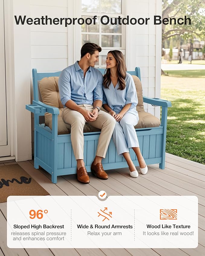 YEFU Outdoor Storage Bench for Patio: Heavy Duty Garden Bench Set of 2 with 96° High Backrest & Oversized Seating - HIPS Weatherproof Patio Bench with Storage for Porch Park Backyard, Blue