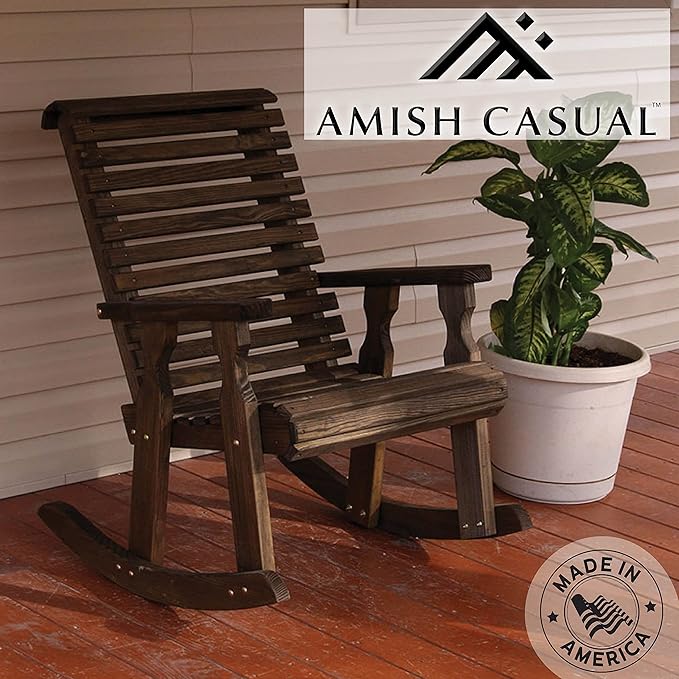 Amish Heavy Duty 600 Lb Roll Back Pressure Treated Rocking Chair (Dark Walnut Stain)