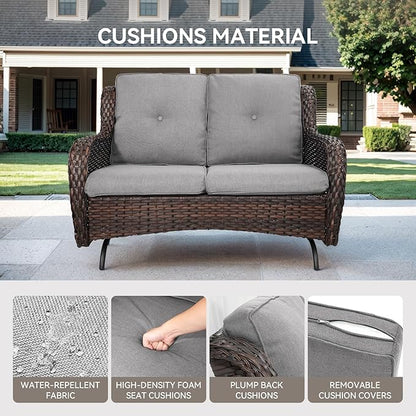 Patio Loveseat Glider Set, Resin Wicker Loveseat Glider with 2 Swivel Patio Chiars Coffee Table and Side Table, 5 Piece Patio Furniture Set Loveseat Set, Brown Wicker|Grey Cushions