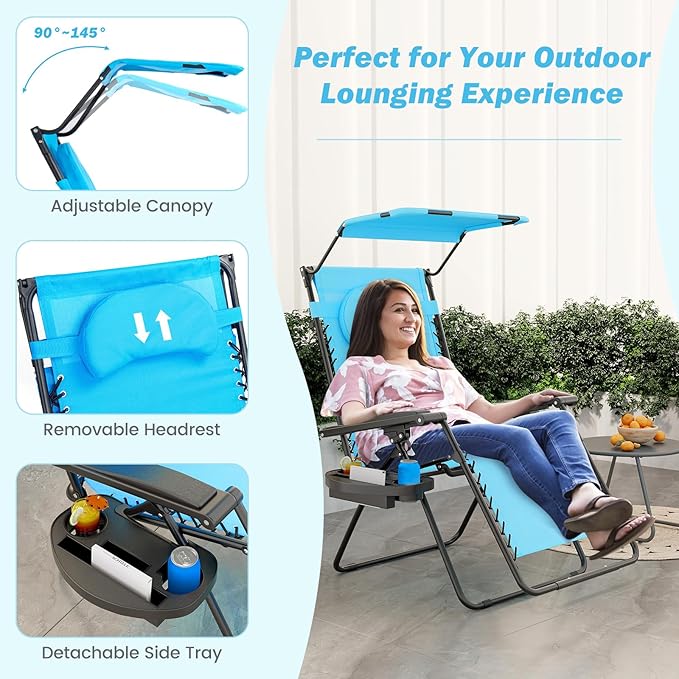Goplus Zero Gravity Chairs, X-Large Folding Lounge Lawn Chair w/Canopy Shade & Cup Holder - Photo 6