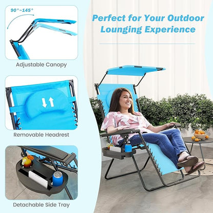 Goplus Zero Gravity Chairs, X-Large Folding Lounge Lawn Chair w/Canopy Shade & Cup Holder, Adjustable Folding Patio Recliner for Pool Porch Deck Oversize (Blue)