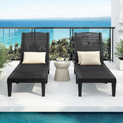 Patio Chaise Lounge Chair Set of 2, Outdoor Chaise Lounges Resin Pool Lounge Chairs with Adjustable Backrest for Outside Pool Garden Deck Beach, Black