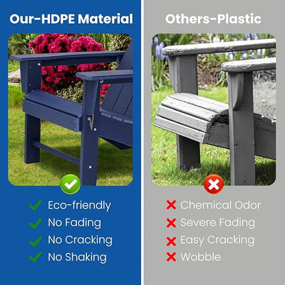 Folding Adirondack Chair with Ottoman Weather Resistant Foldable Fire Pit Chairs with Footrest HDPE Outdoor Adirondack Chair for Patio Front Porch Pool Garden Deck Fire Pit Outside, Navy Blue