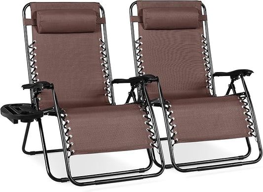 Best Choice Products Set of 2 Extra Wide Adjustable Steel Mesh Zero Gravity Lounge Chair Recliners w/Pillows and Cup Holder Trays - Brown