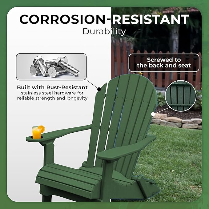 Ecommersify Folding Adirondack Chair with Cup Holder - (Turf Green) - Heavy Duty Recycled Poly Lumber Folding Chair - Amish Crafted Outdoor Furniture - Made in USA