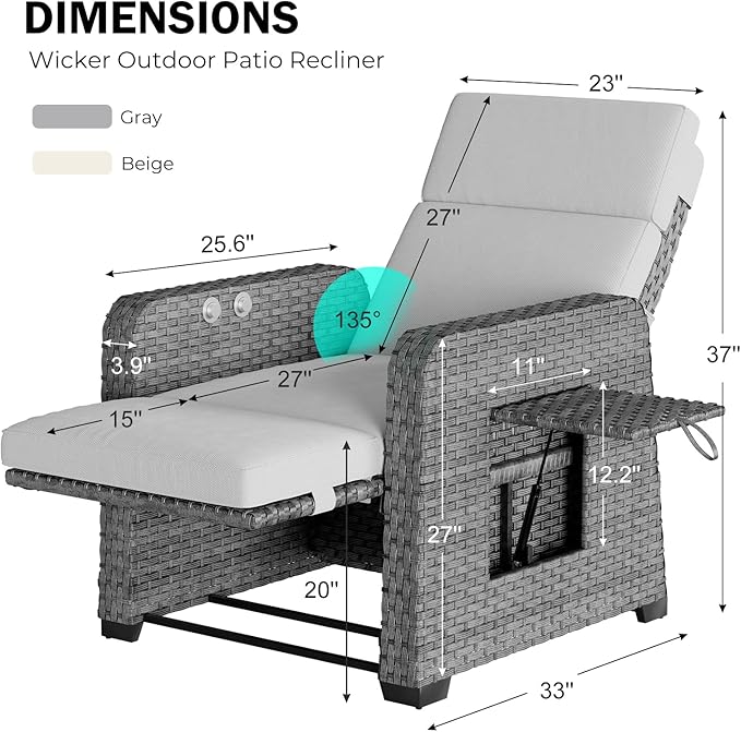 Restland Outdoor Recliner with Independent Adjustable Back & Footrest Wicker Patio Reclining Chair with Flip Table - Photo 2