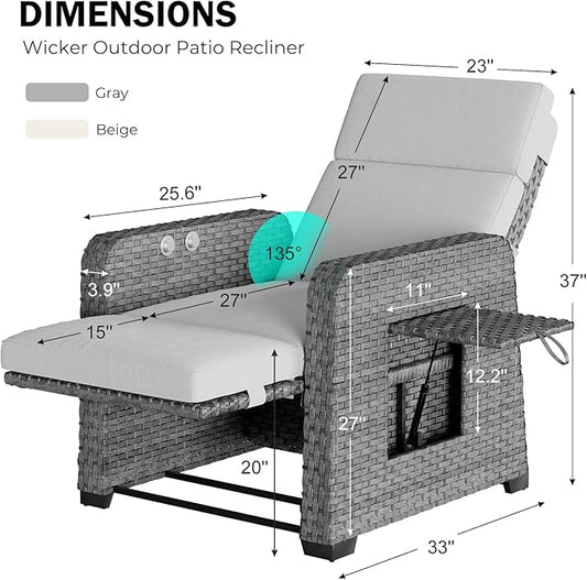 Restland Outdoor Recliner with Independent Adjustable Back & Footrest Wicker Patio Reclining Chair with Flip Table Comfortable Lounge Chair & Thick Cushion for Deck, Porch (Grey)