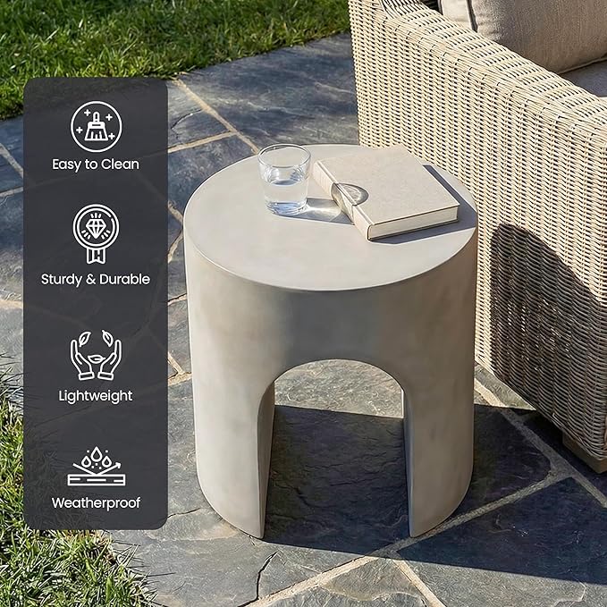 HOMPUS Outdoor Side Table w Hollow Arch, Concrete End Table, Round Patio MgO Coffee Lightweight, Modern Accent Vintage Garden Planter Stand for Indoor Outdoor Use, Grey