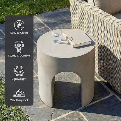HOMPUS Outdoor Side Table w Hollow Arch, Concrete End Table, Round Patio MgO Coffee Lightweight, Modern Accent Vintage Garden Planter Stand for Indoor Outdoor Use, Grey