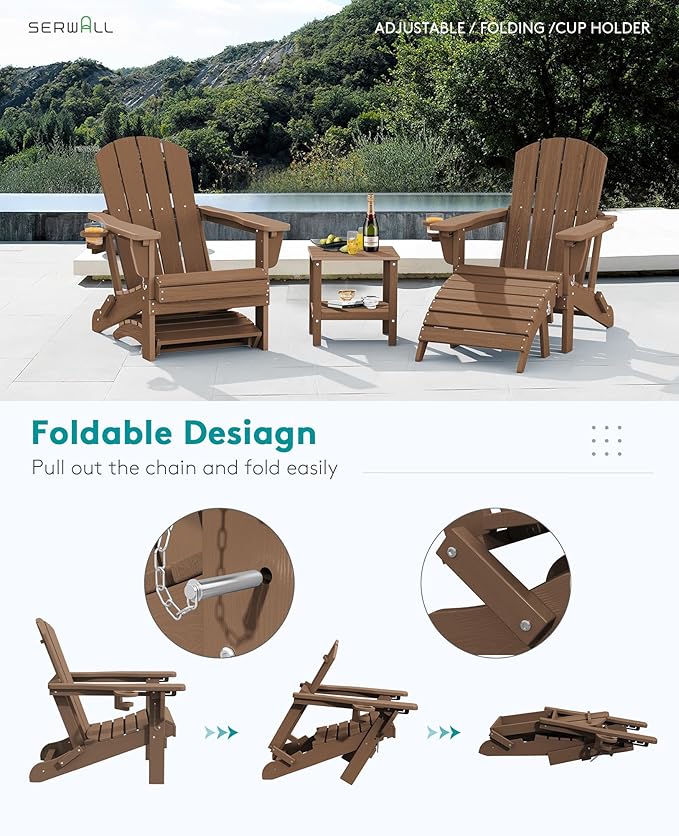 SERWALL 5-Piece Adirondack Chair and Ottoman and Table Set, Brown - Photo 4