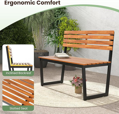 Tangkula 43" Outdoor Wood Bench, 2-Person Acacia Wood Bench with Heavy-Duty Metal Frame, Slatted Seat & Inclined Backrest, 800 lbs Weight Capacity, Patio Bench for Porch, Yard, Balcony, Lawn