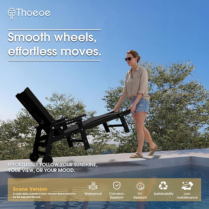 THOEOE Patio Chaise Lounge Chair, Oversized Lounge Chair Outdoor with 5 Positions, HDPE, Patio Lounge Chair with Wheels & Cup Holder for Pool, Deck, Poolside,Black