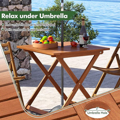 Tangkula 29.5-Inch Square Patio Dining Table, Solid Wood Folding Outdoor Bistro Table with Teak Painting & 2" Umbrella Hole, Outdoor Dining Table for Balcony, Deck, Porch, Backyard