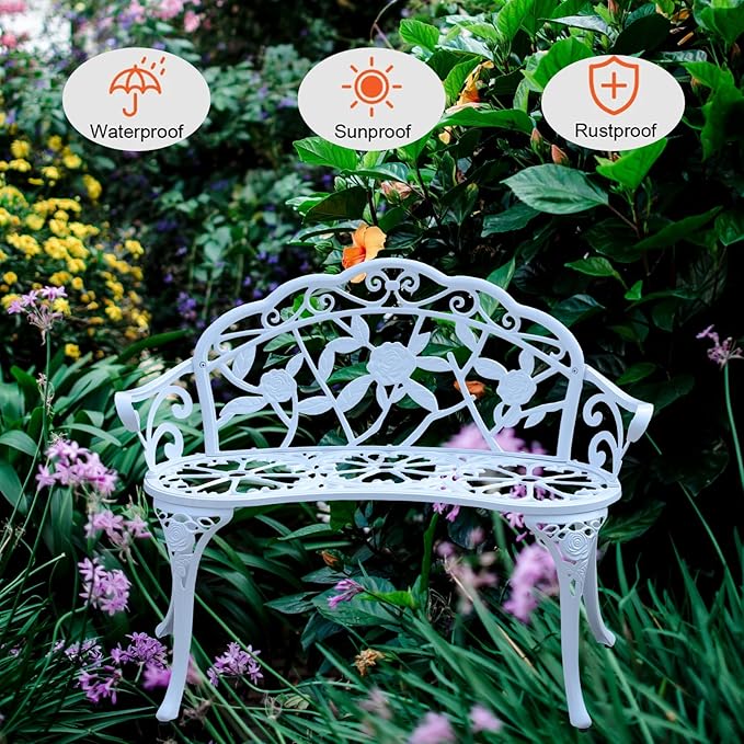 Cast Aluminium Outdoor Bench, Rose Garden Bench for Patio,Park,Lawn,Yard (White) - Photo 4