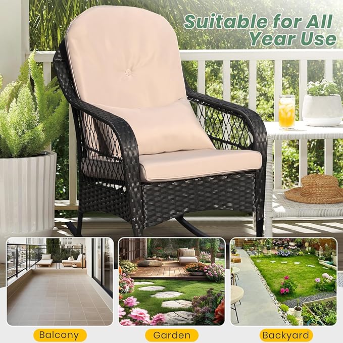 LVUYOYO Outdoor Rocking Chair, Patio Wicker Rattan Rocker Chair with Cushions, Rocking Wicker Furniture Set for Deck, Porch, Garden, Backyard (Khaki)