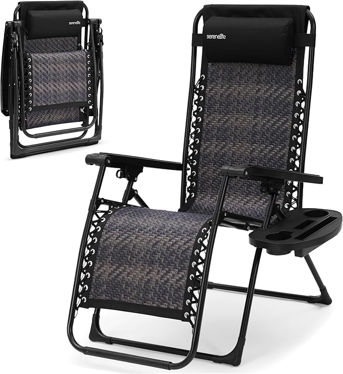 SereneLife Outdoor Adjustable Foldable Zero Gravity Lawn Chair – Weather-Resistant Rattan Recliner with Lockable Position, Detachable Side Table & Cup Holder, 265 lbs Capacity, Patio & Camping