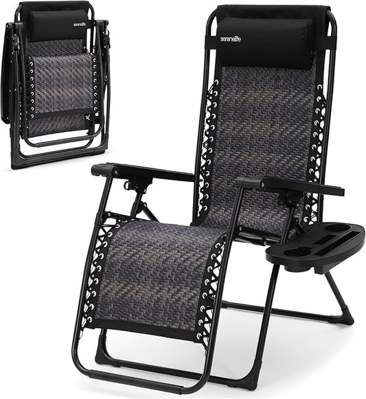 SereneLife Outdoor Adjustable Foldable Zero Gravity Lawn Chair – Weather-Resistant Rattan Recliner with Lockable Position, Detachable Side Table & Cup Holder, 265 lbs Capacity, Patio & Camping