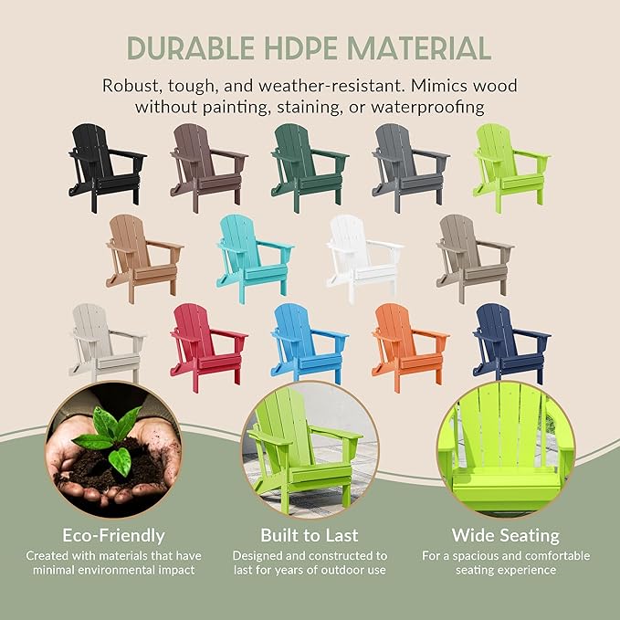 WestinTrends Malibu 3-Pieces Adirondack Chairs Set with Side Table, All Weather Outdoor Seating Plastic Patio Lawn Chair Folding for Outside Porch Deck Backyard, Lime