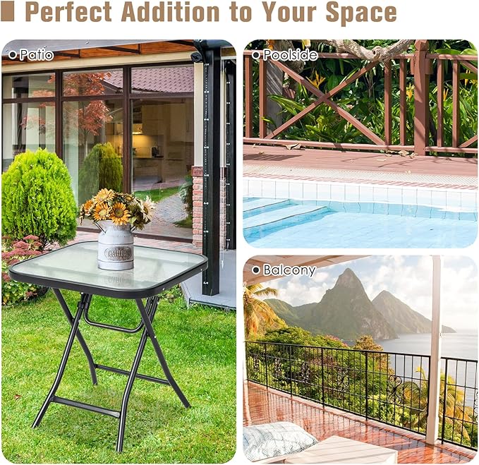 Tangkula Patio Bistro Table, 18" Square Glass Top Side Table with Rustproof Frame, Folding Coffee Table for Patio, Balcony, Backyard, Poolside(Black)