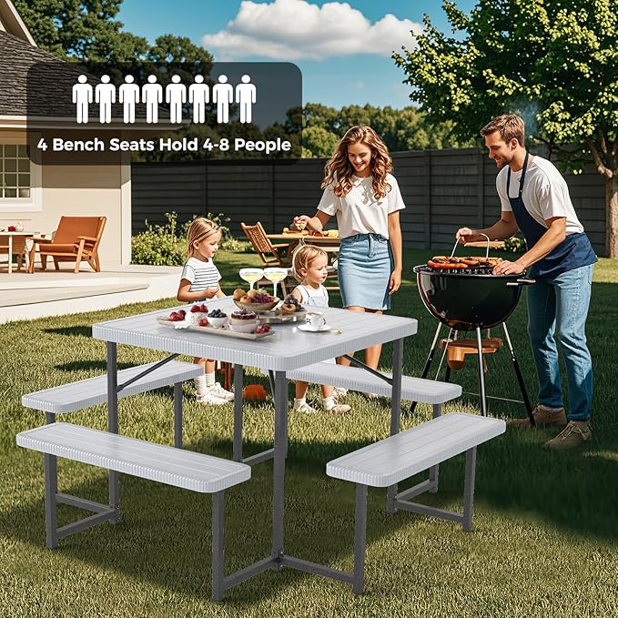 Giantex Picnic Table Bench Set for 4-8 People, 34" Outdoor Square Dining Table & 2 Benches w/Umbrella Hole - Photo 3