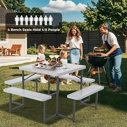 Giantex Picnic Table Bench Set for 4-8 People, 34" Outdoor Square Dining Table & 2 Benches w/Umbrella Hole, HDPE Tabletop, Metal Frame, Patio Camping Furniture for Backyard Porch Lawn (Grey,Square)