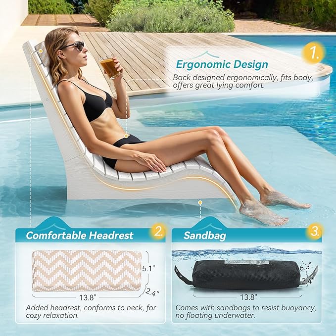 HDPS Pool Lounge Chairs Set of 4, Use in Pools Lounge Chairs up to 10-Inches of Water, Chaise Chairs with Headrest, Lounge Chair Outdoor, Fade-Resistant Pool Lounger for Deck