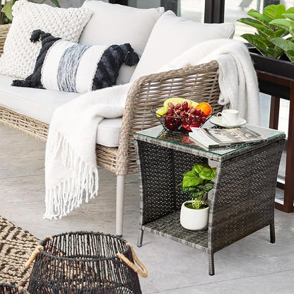 Outvita Outdoor Side Table, Rattan Coffee Table Small End Table with Glass Top Storage for Patio Porch Backyard Balcony