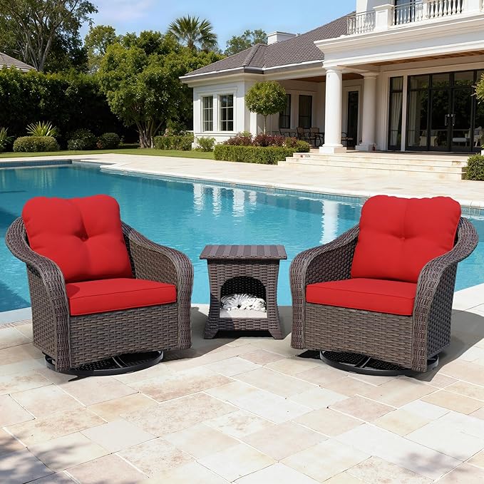 Wicker Swivel Rocking Chairs Set 2 with Storage Side Table - Outdoor Brown Wicker Swivel Glider Chair Outdoor Rocking Chair with Water-Resistant Cushions, Red