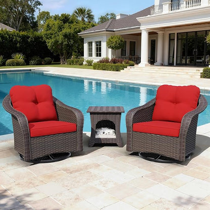 Wicker Swivel Rocking Chairs Set 2 with Storage Side Table - Outdoor Brown Wicker Swivel Glider Chair Outdoor Rocking Chair with Water-Resistant Cushions, Red