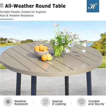 42" Round Patio Dining Table for 4, All-Weather Metal Patio Table with Umbrella Hole, Outdoor Round Dining Table for Lawn Garden Porch, Honey Oak,