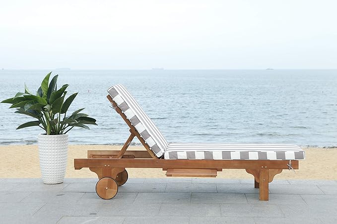 SAFAVIEH Outdoor Collection Newport Natural/ Grey & White Stripe Cushion Built-in Side Table Adjustable Chaise Lounge Chair