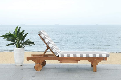 SAFAVIEH Outdoor Collection Newport Natural/ Grey & White Stripe Cushion Built-in Side Table Adjustable Chaise Lounge Chair