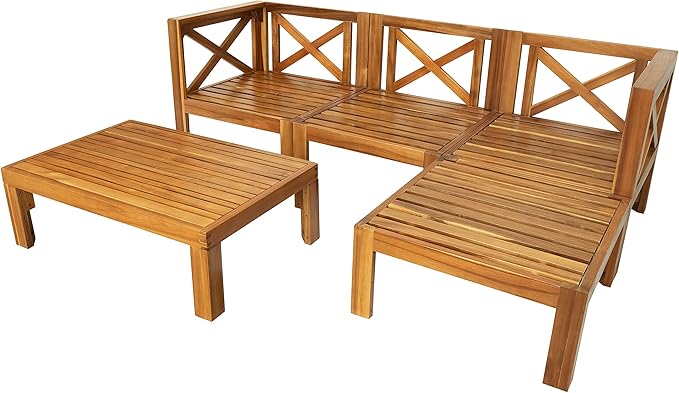Quarte 5 Piece Outdoor Acacia Wood Sofa Set, X-Back Frames Design, Sectional Sofa Seating Group Set with Cushions - Photo 3