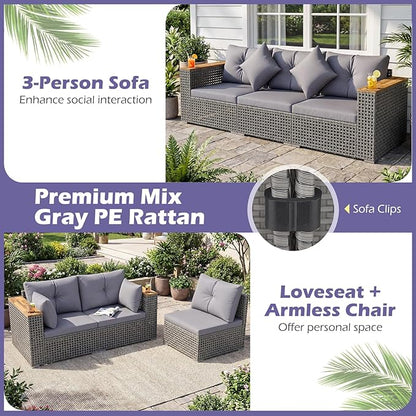 Tangkula 86.5" Large 3-Seat Patio Wicker Sofa, 3 Pieces PE Rattan Sectional Furniture Set with Cup Holders & Wood Armrest, Outdoor Couch Set with Armless & 2 Corner Sofas for Garden, Yard, Porch, Grey