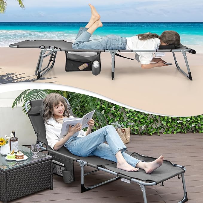 Giantex Set of 2 Tanning Chair, 5-Position Adjustable Beach Chair with Face & Arm Hole, Hand/Shoulder Strap, Removable Pillow, Side Pocket, Load 330 Lbs, Sunbathing Chairs, Lounge Chairs Outdoor, Grey